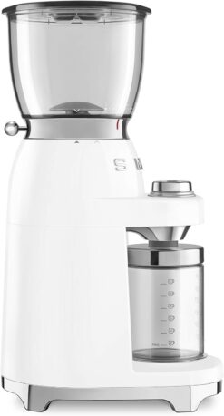SMEG CGF11 Retro-Style Coffee Grinder – Burr Mill with 30 Grind Settings, Stainless Steel Conical Burrs, Removable Hopper – Precision Countertop Grinder for Espresso, Drip, French Press-White