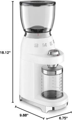 SMEG CGF11 Retro-Style Coffee Grinder – Burr Mill with 30 Grind Settings, Stainless Steel Conical Burrs, Removable Hopper – Precision Countertop Grinder for Espresso, Drip, French Press-White