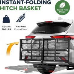 ARKSEN 60" x 25" x 14" Folding Cargo Basket, Cargo Rack Carrier 500 Lbs Heavy Duty Capacity 2 Inch Receiver Luggage Basket Hitch Fold Up for SUV Pickup Camping Traveling