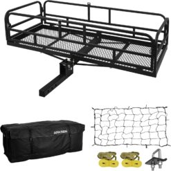 ARKSEN 60" x 25" x 14" Folding Cargo Rack Carrier with Bag, Net, Stabilizer & Straps 500 Lbs Heavy Duty Capacity 2 Inch Receiver Luggage Basket Hitch Fold Up for SUV Pickup Camping Traveling