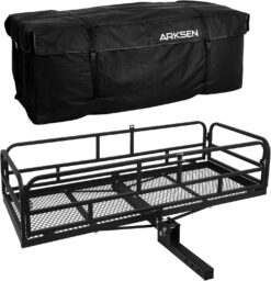 ARKSEN 60" x 25" x 14" Folding Cargo Rack Carrier with Waterproof Cargo Bag 500 Lbs Heavy Duty Capacity 2 Inch Receiver Luggage Basket Hitch Fold Up for SUV Pickup Camping Traveling