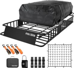 Mockins 64"x39"x6" Heavy Duty Roof Rack Basket w/ 16 Cu.Ft. Car Rooftop Cargo Carrier Bag | Weatherproof, Extendable 250Lbs. Roof Basket Cargo Carrier for Top of Vehicle Set & Roof Bag w/Accessories