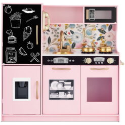 Best Choice Products Pretend Play Kitchen Wooden Toy Set for Kids w/ Telephone, Utensils, Oven, Microwave- Pink Floral