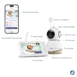 Maxi-Cosi See Pro 360 Baby Monitor with CryAssist AI Cry Translation, 2K HD camera with PTZ, Secure Non Wi-Fi 5 inch parent unit, 10 hour battery, Soothing Lullabies, 2-way audio