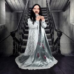 Haunted Hill Farm Rosemary by Tekky, Battery-Operated, Motion and Sound Activated Animatronic Demon Child with Sound Effects and Lights for Indoor or Covered Outdoor Creepy Halloween Decoration