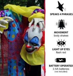 Haunted Hill Farm Life-Size Scary Talking Clown Animatronic with Touch Activated Lights and Sounds, Battery Operated Indoor or Covered Outdoor Decoration, Creepy Halloween Prop