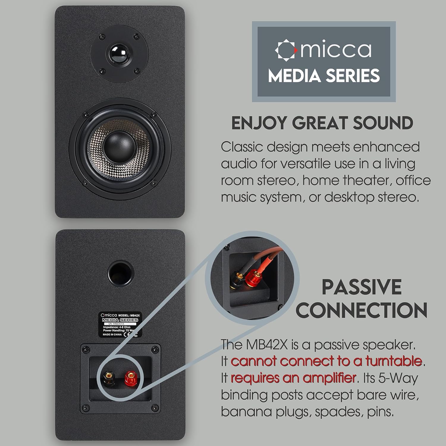 Micca MB42X Advanced Bookshelf Speakers for Home Theater Surround