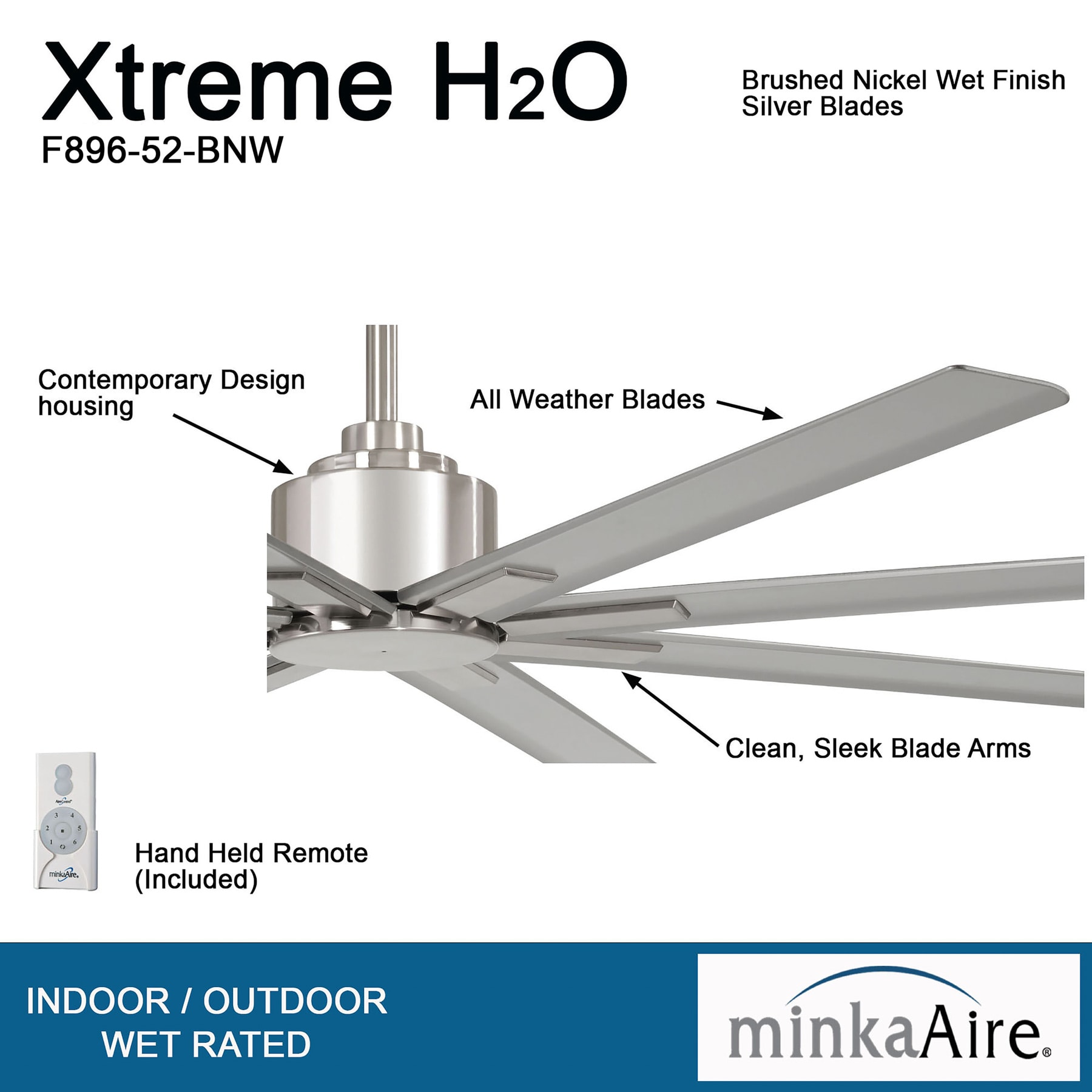 Minka Aire Xtreme H2O 52 52-in Outdoor Brushed Nickel Wet with Silver Blades Ceiling Fan Without Light 8 -Blade ) Minka Aire Xtreme H2O 52 52-in Outdoor Brushed Nickel Wet with Silver Blades Ceiling Fan Without Light 8 -Blade )