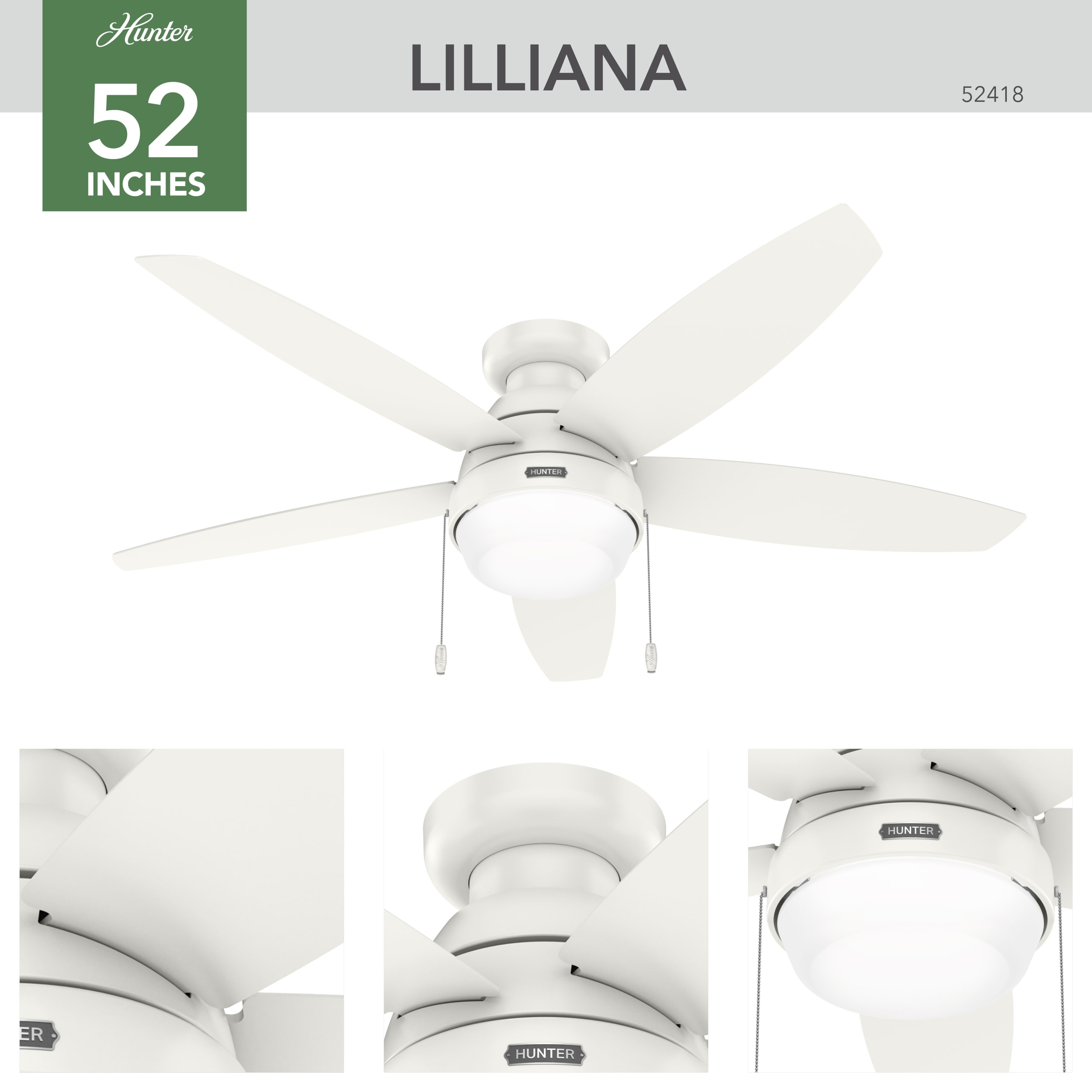 Hunter Lilliana 52-in Flush Mount Fresh White with Fresh White Blades Ceiling Fan With Light 5 -Blade ) Hunter Lilliana 52-in Flush Mount Fresh White with Fresh White Blades Ceiling Fan With Light 5 -Blade )